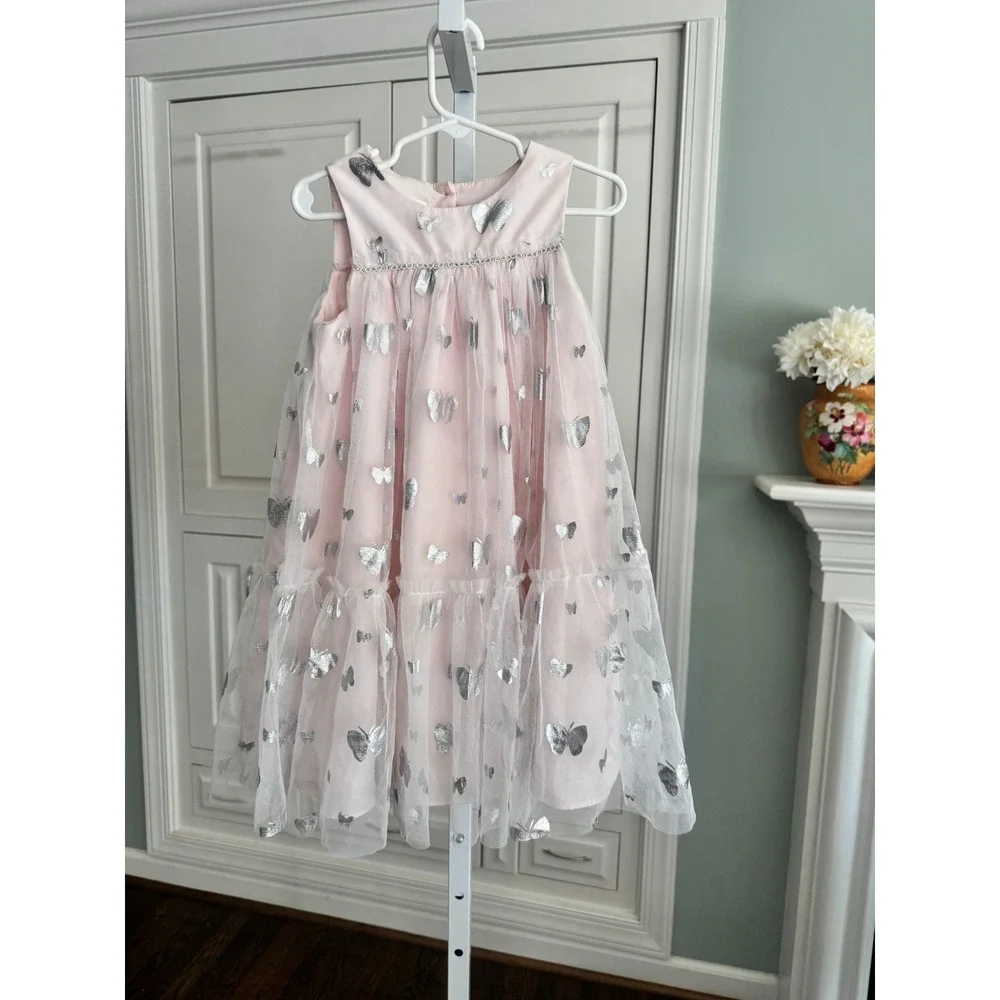 Mia & Mimi Girls Pink Tulle Butterfly Party Dress Silver Foil‎ Tiered 5T Easter